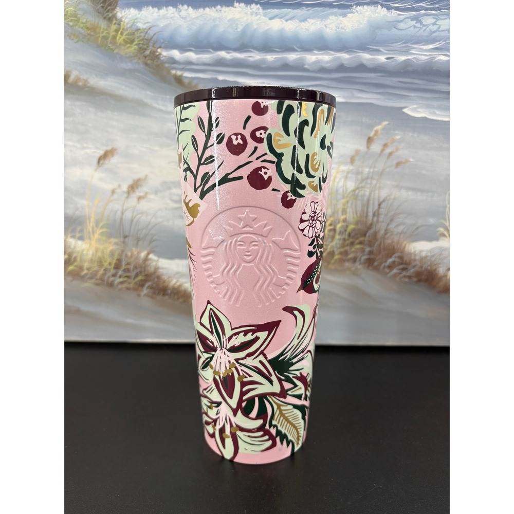 Starbucks 2022 Holiday Pink Enchanted Forest Floral Berry Stainless Tumbler 24oz